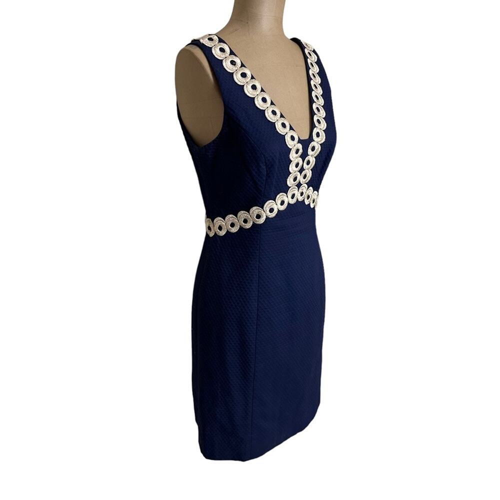 Lilly Pulitzer Mini Dress Gold Embroidered Trim Navy Blue Textured Cotton 0 - Picture 5 of 10
